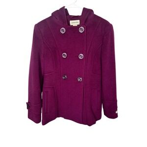 St John's Bay Cashmere Blend Hooded‎ Purple Pea Coat Extra Buttons Women's XS